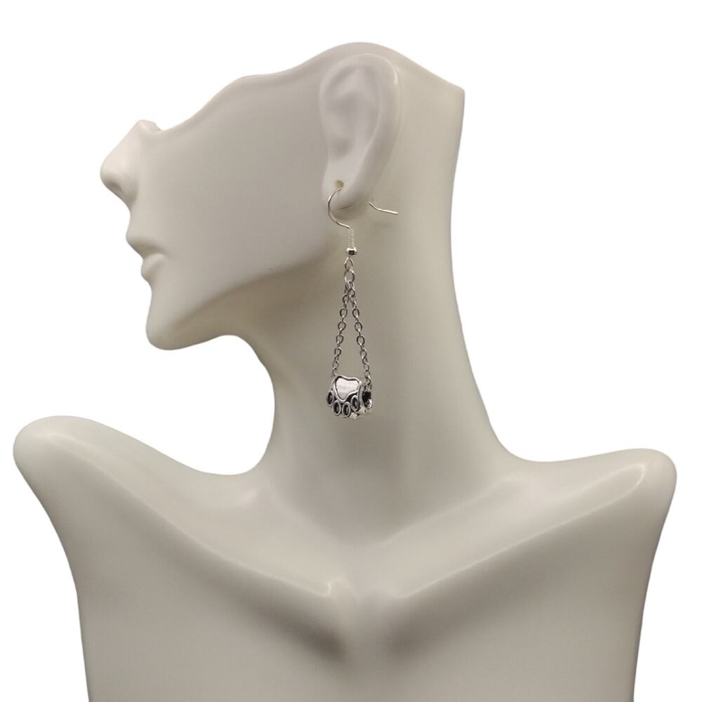 NWOT Paw Print Dangle Earrings Silver Plated Boho Handmade Animal Jewelry